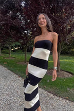 High-Waisted Knit Striped Work Dress