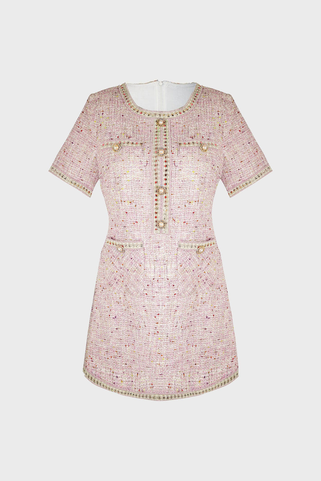 Tweed Jewel Button Patch Pocket Embellished Trim Mini Dress