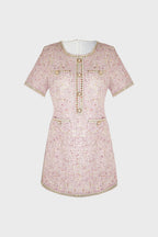 Tweed Jewel Button Patch Pocket Embellished Trim Mini Dress