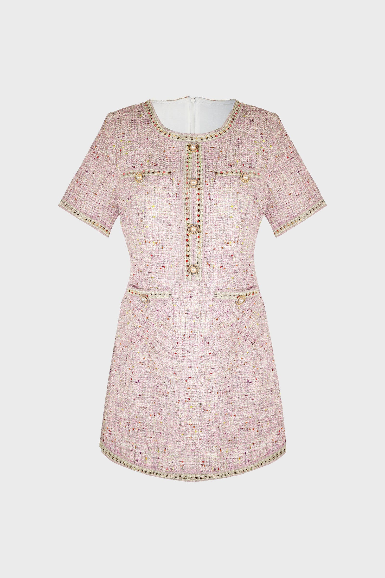 Tweed Jewel Button Patch Pocket Embellished Trim Mini Dress