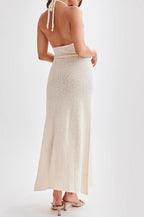 Knit Halter Neck Deep V-Neck Floral Rosette High Split Maxi Sweater Dress