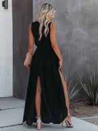 Minimalist Maxi Dress for Women - Black Sleeveless V Neck Side Split Belted Boho Dress - Summer Beach Party 2026