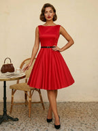 Vintage 1950s Swing Cocktail Dress Women - Sleeveless Boat Neck A-Line Belted Audery Style Midi Gown - Wedding Guest 2026