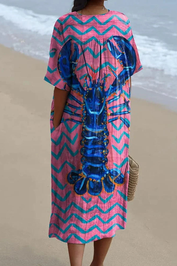 Lobster Graphic Oversized V-Neck Short Sleeve Linen Shift Midi Dress