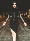 Mesh Long Sleeve Mock Neck Cross Panel Asymmetric Hem Bodycon Mini Dress