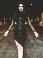Mesh Long Sleeve Mock Neck Cross Panel Asymmetric Hem Bodycon Mini Dress