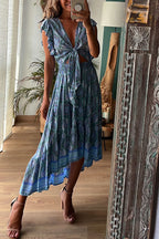Boho Print Tie Front Crop Top Smocked High Low Two Piece Set