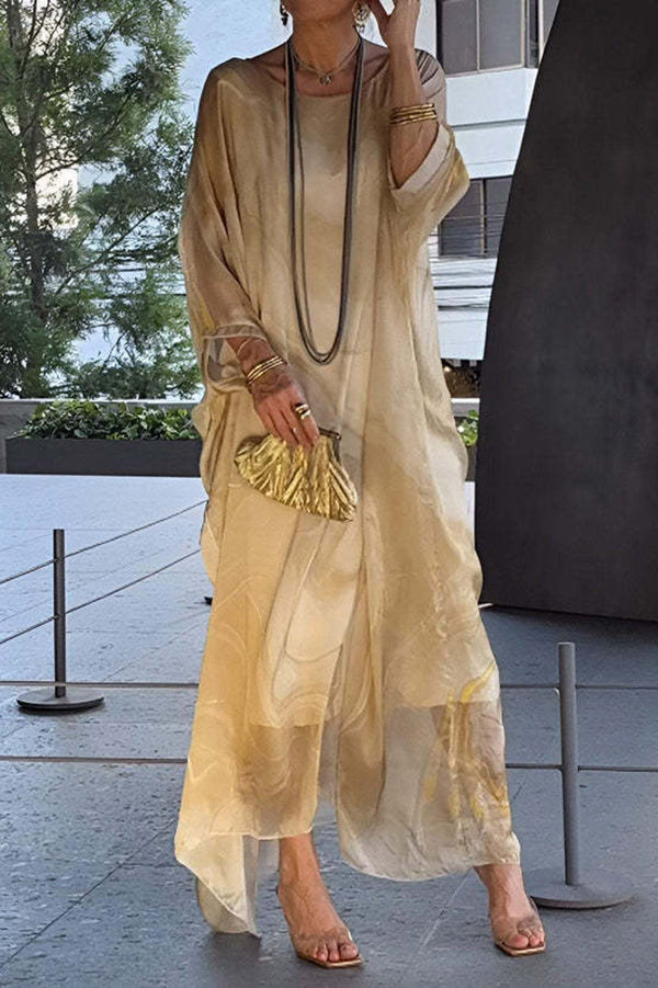 Marbled Print Crew Neck Batwing Sleeve Oversized Kaftan Maxi Dress