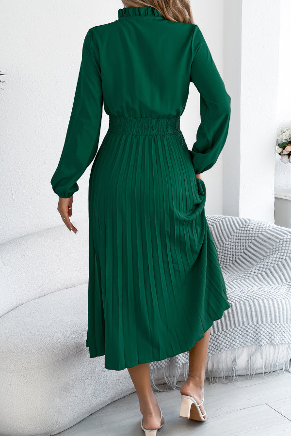 Solid Color Long-sleeved Fitted Waist Pleated Elegant Midi Dress