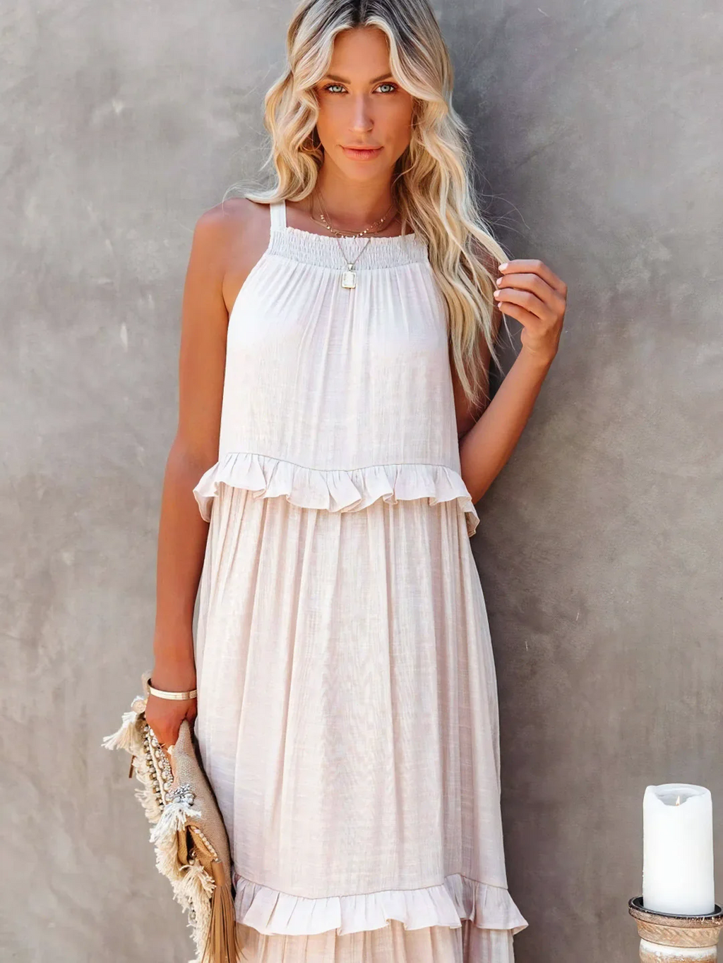 High Neck Smocked Halter Sleeveless Tiered Ruffle Maxi Dress
