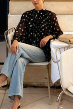 Polka Dot Print Tie-waist Lantern Sleeve Elegant Loose Shirt
