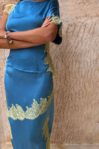 Kira Contrast Color Satin Lace Trim High Rise Maxi Skirt