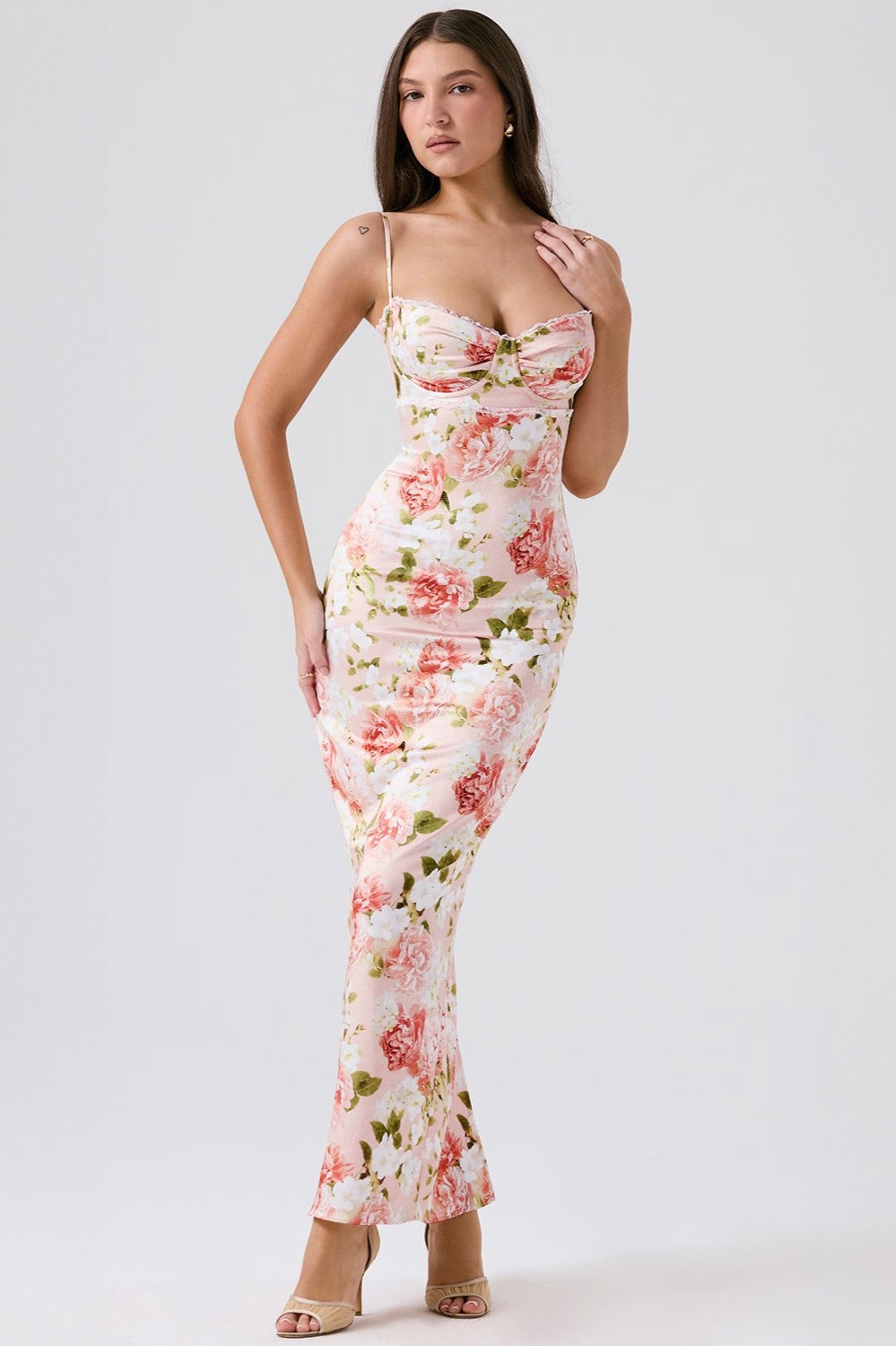 Floral Print Sweetheart Bustier Spaghetti Strap Mermaid Maxi Dress