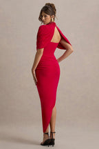 Mock Neck Ruched Crossover Shoulder Wrap Bodycon Midi Dress