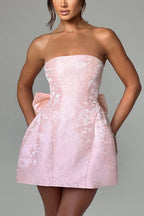 Strapless Jacquard Floral Bow Back Fit and Flare Mini Dress