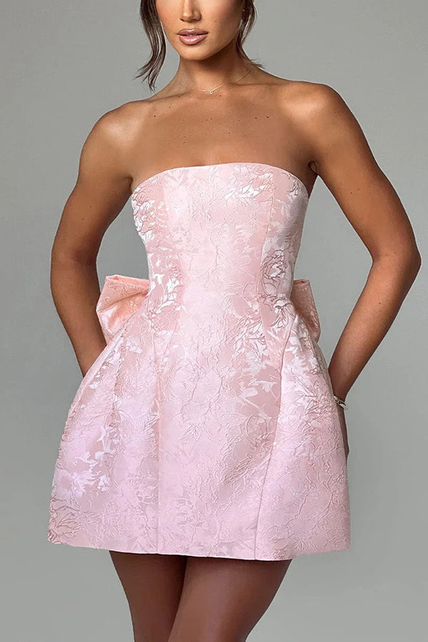 Strapless Jacquard Floral Bow Back Fit and Flare Mini Dress