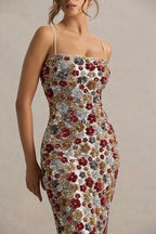 The Center of Attention Floral Print Sequin Square Neck Slip Stretch Maxi Dress