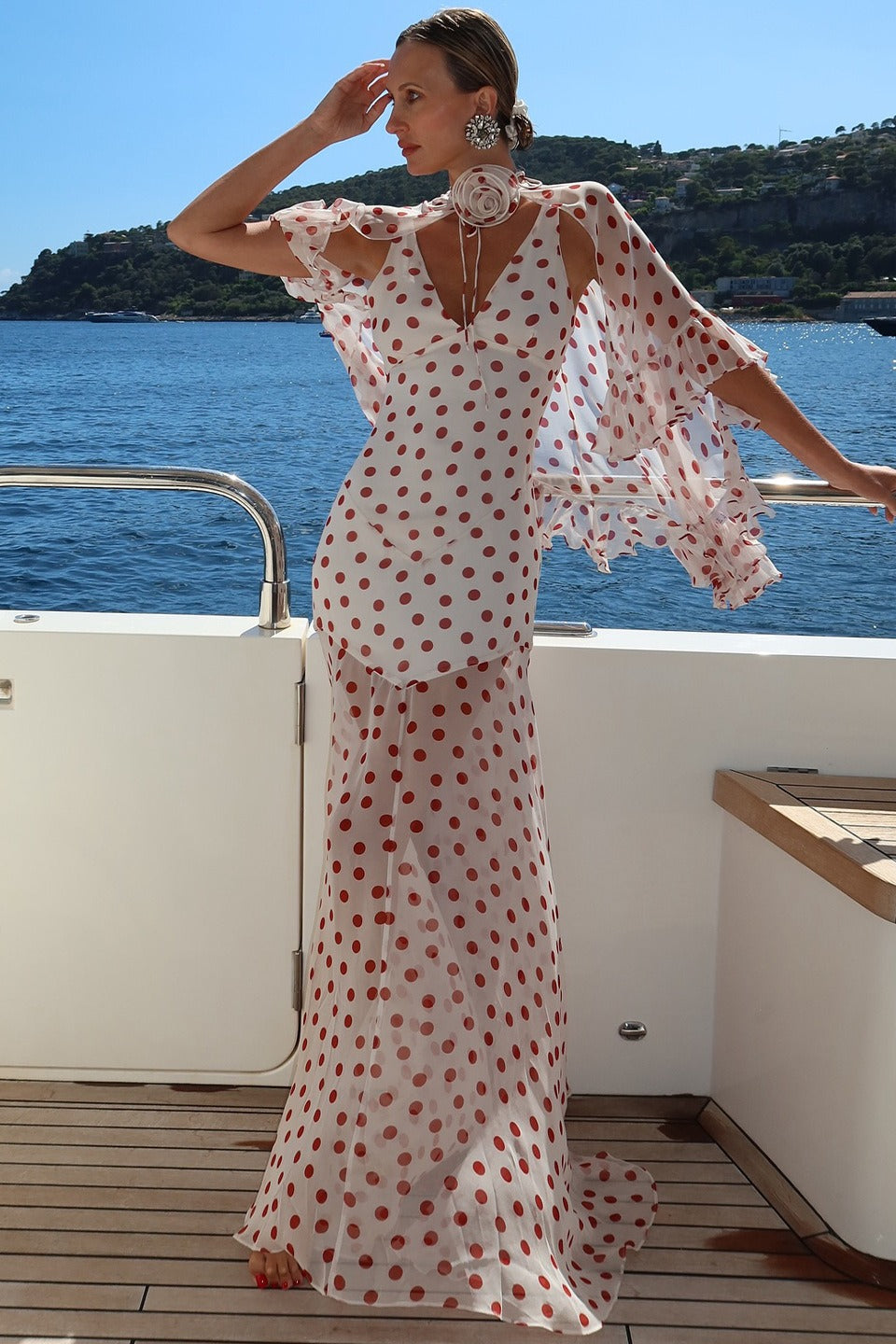 Polka Dot Deep V-Neck Sheer Cape Sleeve Maxi Dress