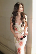 Floral Print Ruffle Strap Deep V-Neck Tie Detail Bodycon Midi Dress
