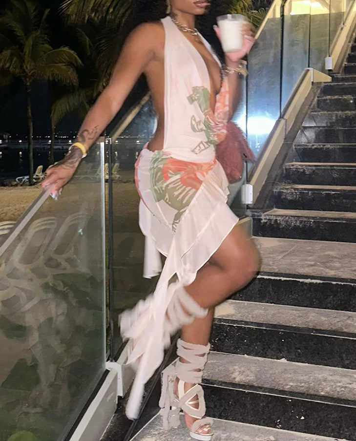 Tropical Floral Print Halter Cowl Neck Tiered Ruffle Asymmetrical Hem Mini Dress