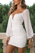 Glitter Deep V-Neck Long Sleeve Sheer Lantern Sleeve Ruched Bodycon Mini Dress