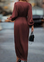Wrap V Neck Bishop Sleeve Twist Front Draped Midi Dress