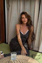 Polka Dot Lace Trim Spaghetti Strap Slip Maxi Dress