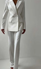 White Double Breasted Straight Trousers Office Two Piece Set