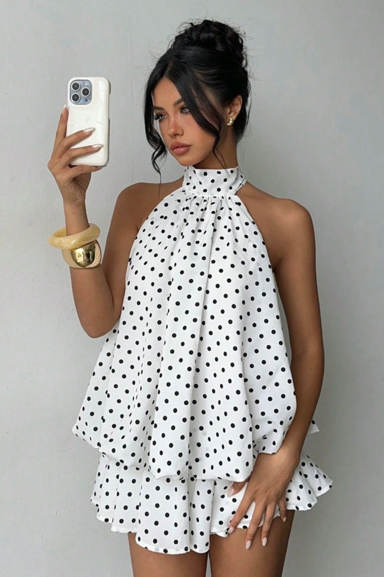 Halter High Neck Tiered Ruffle Polka Dot Romper Dress