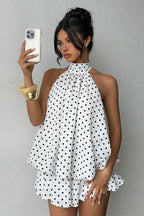 Halter High Neck Tiered Ruffle Polka Dot Romper Dress