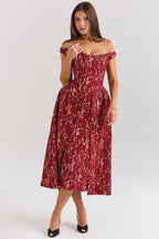 Off Shoulder Floral Lace Overlap Panel Fit and Flare Midi Dress