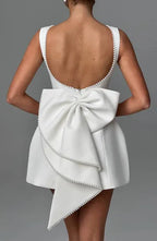 Boat Neck Pearl Trim Structured Pleated Bow Back Fit and Flare Mini Dress