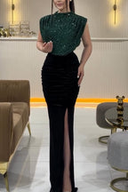 Sequin Draped Shoulder Ruched Velvet High Slit Maxi Gown