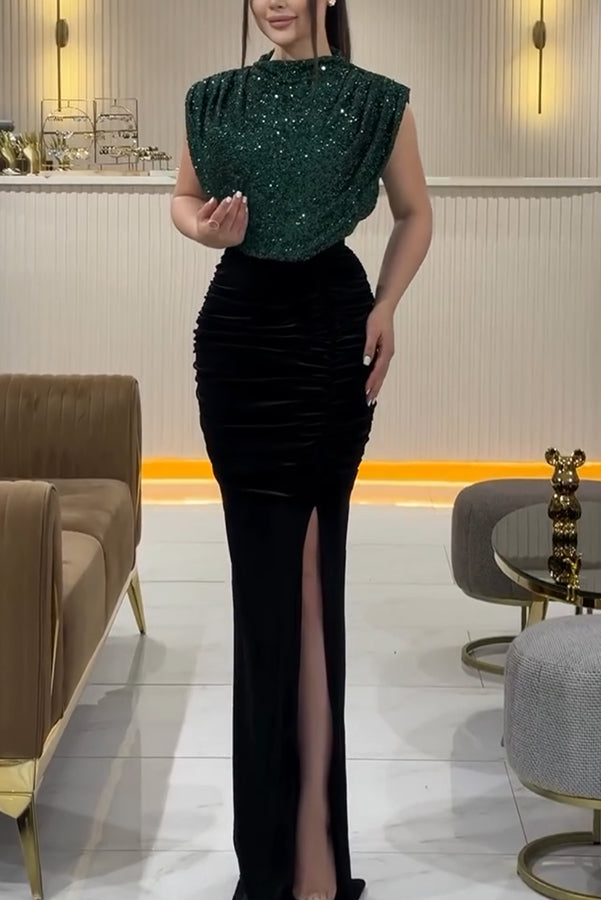Sequin Draped Shoulder Ruched Velvet High Slit Maxi Gown