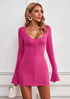 Scoop Neck Button Front Rib Knit Bell Sleeve Bodycon Mini Dress