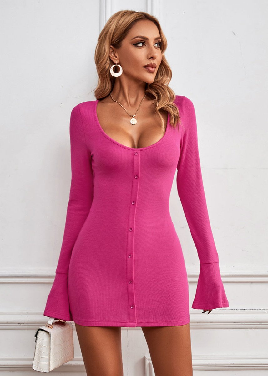 Scoop Neck Button Front Rib Knit Bell Sleeve Bodycon Mini Dress