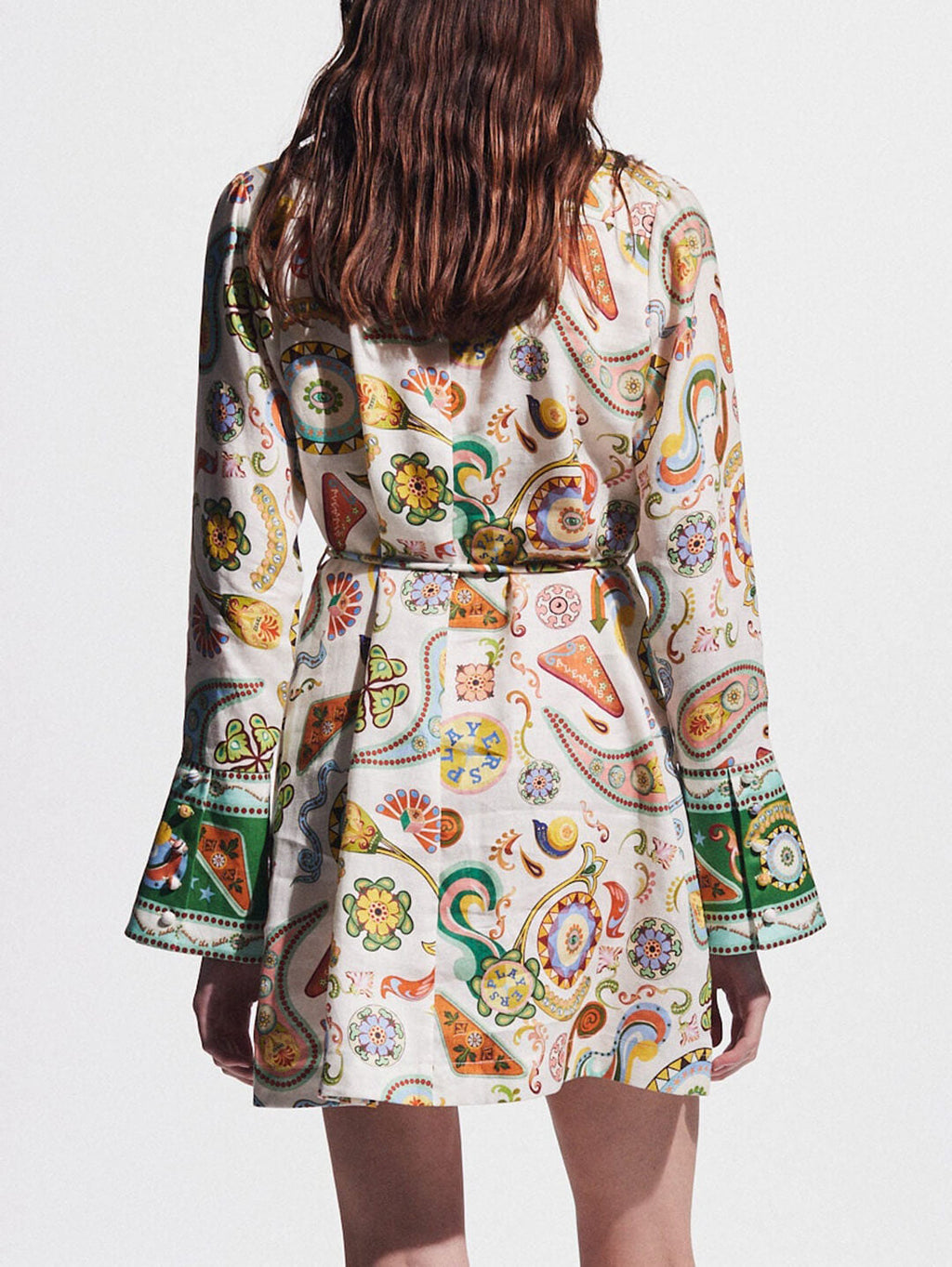 Collared Button Front Bell Sleeve Paisley Print Tie Waist Shirt Mini Dress