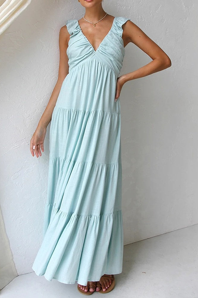 Deep V-Neck Ruffle Strap Tiered Maxi Dress