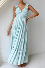 Deep V-Neck Ruffle Strap Tiered Maxi Dress