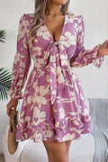Floral Print Tie Front Deep V-Neck Smocked Waist Tiered Ruffle Mini Dress