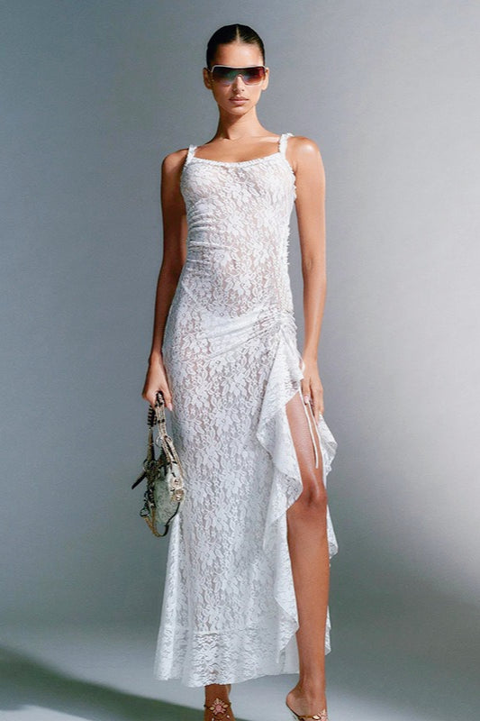 Floral Lace Scoop Neck Spaghetti Strap Ruffle High Split Maxi Dress