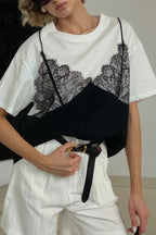 Fashionable Lace Patchwork Loose-fitting Round Neck Short-sleeved T-shirt