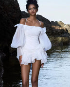 Off Shoulder Halter Neck Sheer Balloon Sleeve Tiered Ruffle Mini Dress