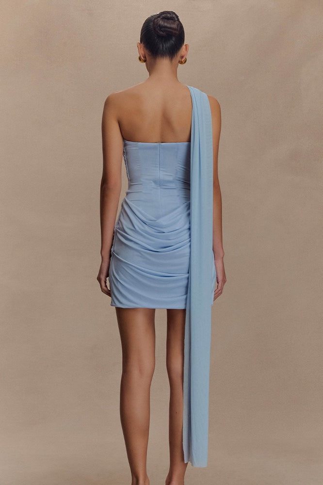 Strapless Ruched Mesh Panel Bodycon Mini Dress