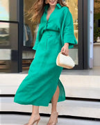 Lapel loose solid color dress