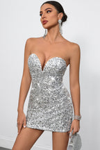 White Deep V Strapless Sequin Mini Dress