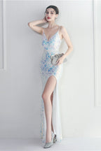 Iridescent Sequin Slit Bodycon Maxi Dress