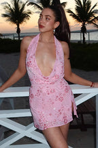 Sequin Floral Beaded Halter Neck Deep V-Neck Bodycon Mini Dress