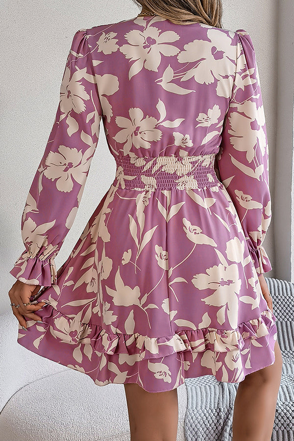 Floral Print Tie Front Deep V-Neck Smocked Waist Tiered Ruffle Mini Dress