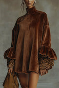 Fashionable Velvet Leopard Print Loose-fitting Turtleneck Long-sleeved Mini Dress